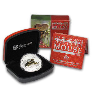 2008 1oz Silver Lunar GILDED MOUSE - Boxed - Click Image to Close